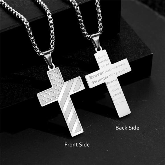 Silver American Flag Cross Necklace for Men Stainless Steel Box Chain 22+2 inch - Picture 2 of 6